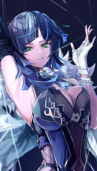 1girl absurdres arm_up armpits asymmetrical_gloves bangle bare_shoulders black_gloves blue_background blue_hair blunt_bangs bracelet breasts cleavage dark_background dot_nose fingerless_gloves fur-trimmed_jacket fur_trim genshin_impact gloves green_eyes hand_up highres hooriyuu jacket jacket_on_shoulders jewelry large_breasts looking_at_viewer medium_hair mismatched_gloves neck_tassel signature simple_background sleeveless solo string string_around_finger string_in_mouth tassel upper_body white_gloves white_jacket yelan_(genshin_impact)