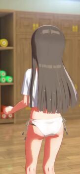 1girl 3d animated ass ass_shake bikini bikini_under_clothes black_hair blunt_ends blurry brown_hair facing_away flat_ass from_behind gakuen_idolmaster idolmaster indoors jumping kneepits kuramoto_china legs loli long_hair no_pants panties shelf shirt short_sleeves side-tie_bikini_bottom side-tie_panties solo standing swimsuit t-shirt tagme thighs underwear video white_bikini white_panties white_shirt wooden_floor