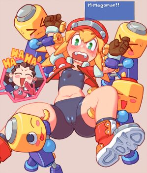 1girl ass bike_shorts blonde_hair blush bodysuit breasts cameltoe cleft_of_venus darkbot green_eyes highres mega_man_(series) mega_man_legends_(series) navel restrained roll_caskett_(mega_man) servbot_(mega_man) small_breasts spread_legs thighs