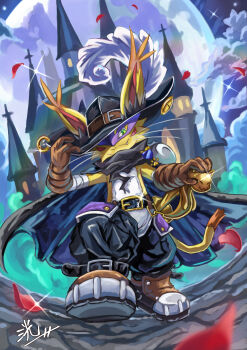 black_hat black_pants boots castle cat digimon digimon_(creature) eye_mask full_body full_moon green_eyes hat hat_feather highres kou_(xcws3487) mask moon nyabootmon pants purple_mask red_petals smirk solo sword walking weapon