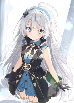 1girl ahoge aruka_(alka_p1) bare_shoulders black_bow black_bowtie black_coat black_gloves blue_dress blue_eyes blue_hairband blush bow bowtie closed_mouth coat commentary_request cowboy_shot dress female_tyrant_(stella_sora) gloves grey_hair hair_ornament hairband highres long_hair looking_at_viewer pointy_ears sleeveless sleeveless_coat sleeveless_dress smile solo stella_sora thighhighs tyrant_(stella_sora) white_thighhighs