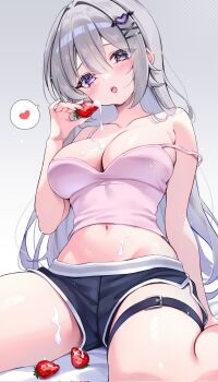 1girl :o arm_at_side blue_shorts blunt_ends blush breasts camisole cleavage collarbone commentary_request commission cream cream_on_body crop_top double-parted_bangs eneru_(enepuni) food fruit gradient_background grey_background grey_eyes grey_hair hair_between_eyes hair_intakes hand_up heart heterochromia highres holding holding_food holding_fruit indie_virtual_youtuber large_breasts long_bangs long_hair looking_at_viewer midriff mole mole_under_eye navel open_mouth pink_camisole purple_eyes second-party_source short_shorts shorts signature sitting skeb_commission solo speech_bubble spoken_heart strap_slip strawberry thigh_strap yuase_(vtuber)