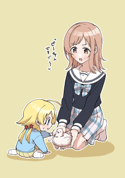 2girls absurdres aged_down animal bird black_shirt blonde_hair blue_eyes blue_shirt blush bow bowtie brown_eyes brown_hair child commentary_request dove hachimiya_meguru hair_ornament highres holding holding_animal holding_bird idolmaster idolmaster_shiny_colors kindergarten_uniform long_sleeves medium_hair multiple_girls no_shoes sailor_collar sailor_shirt sakuragi_mano shirt simple_background sitting skirt socks star_(symbol) star_hair_ornament translation_request trike_03 twintails white_bird white_sailor_collar white_socks yellow_background