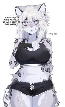 1girl absurdres anfisa_(nyaivie) animal_ear_fluff animal_ears black_bra black_shorts blue_eyes body_fur bra breasts furry furry_female grey_fur highres large_breasts looking_at_viewer navel nyaivie original short_shorts shorts snow_leopard_ears snow_leopard_girl snow_leopard_tail sports_bra spotted_fur sweat underwear