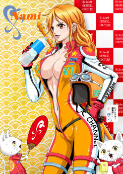 1girl alternate_costume artist_name bodysuit breasts cat character_logo character_name checkered_background cleavage clima-tact clothes_writing contrapposto cowlick earrings female_focus gloves goggles goggles_on_headwear groin hand_fan hand_on_own_hip helmet highres holding holding_unworn_helmet jewelry large_breasts long_hair long_sleeves matching_hair/eyes nami_(one_piece) navel no_bra official_alternate_hair_length official_alternate_hairstyle one_piece open_mouth orange_bodysuit orange_couture orange_eyes orange_helmet paper_fan patterned_background racing_suit red_gloves skin_tight sphere_earrings standing sweat uchiwa unworn_headwear unworn_helmet unzipped_bodysuit white_sleeves zipper
