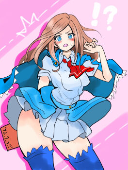 !? 1girl ^^^ ascot blue_capelet book brown_hair brown_shoes capelet castlevania:_portrait_of_ruin castlevania_(series) charlotte_aulin cowboy_shot holding holding_book looking_at_viewer pink_background red_ascot shirt shoes solo surprised thick_thighs thighhighs thighs translation_request white_shirt zaraki_onuma zettai_ryouiki