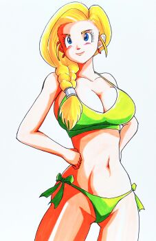 1girl absurdres area5169458561 bianca_(dq5) bikini blonde_hair blue_eyes blush braid breasts cleavage collarbone dragon_quest dragon_quest_v earrings green_bikini hands_on_own_hips highres jewelry large_breasts long_hair looking_to_the_side navel side-tie_bikini_bottom side_braid single_braid smile square_enix standing swimsuit traditional_media white_background