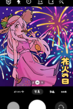 1girl aerial_fireworks bare_arms bare_shoulders blush chocolate-covered_food chocolate_banana commentary dress eating eyes_visible_through_hair fake_phone_screenshot fake_screenshot fireworks flower from_side hair_between_eyes hand_fan hat hat_flower highres long_hair looking_at_viewer onii-chan_wa_oshimai! oyama_mahiro paper_fan pink_dress pink_hair sleeveless sleeveless_dress solo straw_hat very_long_hair yuzuponzup
