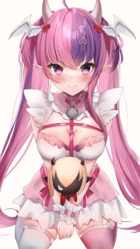 >:) 1girl ahoge animal_collar bell belt black_thighhighs blush breasts choker closed_mouth collar demon-chan_(demondice) demon_girl demon_horns demon_wings demondice dress eyelashes facing_viewer frilled_choker frills garter_straps hair_between_eyes hair_ornament hairclip head_wings heart heart_hair_ornament highres horns ironmouse ironmouse_(demon_form) large_breasts long_hair maru_ccy neck_bell hugging_object own_hands_together pink_choker pink_dress pink_hair pink_thighhighs pointy_ears purple_belt purple_eyes purple_ribbon ribbon simple_background single_sidelock sitting skindentation smile solo straight-on straight_hair stuffed_animal stuffed_toy thighhighs twintails two_side_up v-shaped_eyebrows very_long_hair virtual_youtuber vshojo wariza white_background white_dress wings wrist_cuffs zettai_ryouiki