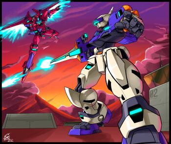 black_border border cloud commentary english_commentary ethandoesathing firing flying glowing gun highres holding holding_gun holding_weapon looking_up mecha mountain no_humans open_hand robot science_fiction signature sky standing sunset temjin viper_ii virtual_on visor weapon
