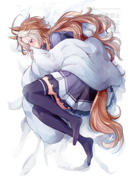 1girl ahoge animal_ears blanket blue_eyes blush closed_mouth commentary_request ear_covers ear_ornament highres horse_ears horse_girl horse_tail long_hair long_sleeves lying multicolored_hair on_side orange_hair orfevre_(umamusume) pleated_skirt purple_sailor_collar purple_serafuku purple_shirt purple_skirt purple_thighhighs sailor_collar sailor_shirt school_uniform serafuku shirt single_ear_cover skirt solo tail thighhighs tracen_school_uniform two-tone_hair umamusume under_covers white_hair yue_(lov_n_n)