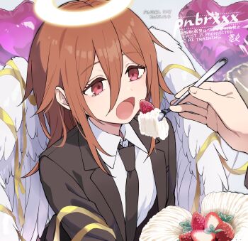 1boy 1other angel angel_day angel_devil_(chainsaw_man) angel_wings artist_name balloon black_necktie black_suit brown_eyes brown_hair cake cake_slice chainsaw_man collared_shirt commentary_request dated feeding food fork formal_clothes glowing glowing_halo hair_between_eyes halo heart_balloon highres holding holding_fork long_hair long_hair_between_eyes necktie open_mouth pnbrxxx ribbon shirt solo_focus strawberry_cake suit traditional_halo upper_body white_shirt white_wings wings yellow_ribbon