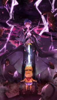 2boys alternate_costume animal_skeleton bandaged_hand bandages bandana bandana_around_neck black_cape black_coat black_eyes black_pants black_shoes black_sleeves briefs cape cleavage_cutout clothing_cutout cloud coat commentary_request dark_cloud detached_sleeves digital_dissolve drawing_sword earrings floating_rock green_eyes groin hand_up height_difference high_collar highres hip_vent holding holding_sword holding_weapon human_scabbard jewelry kenmochi_touya light_particles lightning looking_at_another looking_down magic male_focus male_underwear mode_aim multiple_boys nijisanji nipples open_mouth pants peanuts-kun purple_hair purple_lightning purple_sky ragikuma1021 red_bandana shadow shoes short_hair skeleton_snake sky sleeves_past_wrists standing sword underwear virtual_youtuber weapon white_male_underwear