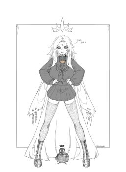 1girl absurdly_long_hair absurdres animal_ear_piercing animal_ears artist_name bird black_sclera boots breasts colored_sclera commentary crow english_commentary english_text facial_mark floppy_ears forehead_mark frown full_body greyscale halo hands_on_own_hips highres huge_ears large_breasts legs_apart less long_hair looking_at_viewer monochrome neckerchief original pleated_skirt profanity rabbit_ears rabbit_girl sailor_collar sailor_shirt shirt simple_background skirt solo standing straight-on thighhighs v-shaped_eyebrows very_long_hair zettai_ryouiki