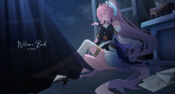 1girl absurdres aemeath_(wuthering_waves) ahoge artist_name bare_shoulders closed_eyes closed_mouth commentary english_commentary english_text gloves hair_ornament highres holding holding_stuffed_toy kampher_(yekxiong) knee_up long_hair paper paper_airplane pink_hair ponytail sitting smile solo stuffed_animal stuffed_toy white_gloves wuthering_waves