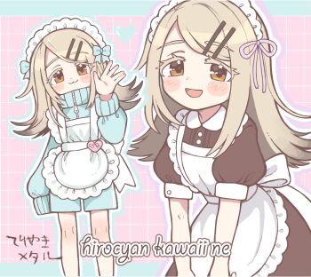 Rule 34 | 1girl, :3, absurdres, apron, back bow, black dress, blue bow, blue jacket, blue outline, blue shorts, blush stickers, bow, checkered background, closed mouth, colored eyelashes, commentary request, contrast collar, dress, feet out of frame, flipped hair, frilled apron, frills, gakuen idolmaster, gradient hair, grey hair, hair bow, hair ornament, hair ribbon, hairclip, hand up, highres, idolmaster, jacket, jersey maid, letterboxed, long hair, long sleeves, looking at viewer, maid, maid apron, maid headdress, multicolored hair, multiple views, name tag, onnktellko, open mouth, orange eyes, outline, outside border, parallel hairclips, pink background, pink ribbon, puffy short sleeves, puffy sleeves, purple outline, ribbon, shinosawa hiro, short sleeves, shorts, standing, swept bangs, track jacket, track suit, unconventional maid, upper body, waving, white apron, white headdress, white outline, zipper, zipper pull tab