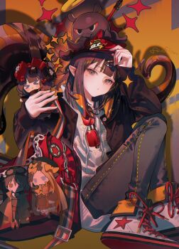 1girl abigail_williams_(fate) bag black_coat cameo character_doll coat commentary creator_connection doll english_commentary fate/grand_order fate_(series) fcjfior gradient_hair hand_up hat hololive hololive_english katsushika_hokusai_(fate) kino_(kino_no_tabi) kino_no_tabi long_sleeves looking_at_viewer multicolored_hair ninomae_ina&#039;nis octopus panties pointy_ears purple_eyes purple_hair red_hat shoes sidelocks sitting sneakers star_(symbol) tentacles toto-sama_(fate) underwear virtual_youtuber