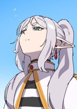 1girl bird blue_sky capelet commentary earrings ek9000 elf english_commentary frieren gold_trim green_eyes grey_hair hair_over_shoulder head_back jaggy_lines jewelry long_pointy_ears looking_up parted_bangs pointy_ears shirt sky solo sousou_no_frieren striped_clothes striped_shirt teardrop_earrings thick_eyebrows upper_body upward_angle_frieren_drawing white_capelet