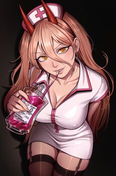 1girl blonde_hair breasts chainsaw_man cleavage collarbone commentary covered_erect_nipples cowboy_shot demon_horns drinking_blood english_commentary fingernails garter_straps hair_between_eyes hat highres horns large_breasts leaning_forward light_blush lips long_hair nail_polish nurse nurse_cap patreon_username pink_nails pink_trim power_(chainsaw_man) red_horns sharp_teeth solo tatjasng12 teeth thighhighs very_long_hair yellow_eyes