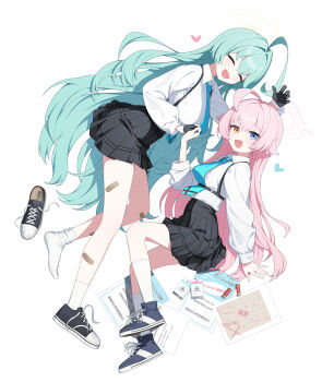 2girls absurdres blue_archive blue_eyes blue_necktie breasts checkered_clothes checkered_skirt chest_harness closed_eyes dong_ji green_hair grey_skirt hair_between_eyes halo harness heterochromia highres hoshino_(blue_archive) large_breasts looking_at_viewer multiple_girls necktie pink_hair pink_halo shirt skirt smile socks thighs white_background white_shirt white_socks yellow_eyes yellow_halo yume_(blue_archive)