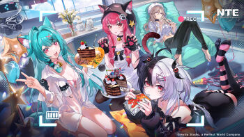 +_+ 4girls absurdres animal_ear_fluff animal_ears animal_hat aqua_hair aqua_nails bare_legs bat_girl bat_wings beads bell black_hair black_hood black_pants black_thighhighs blue_sky bottomless bow bra bra_strap breasts cake cake_slice cat_girl cat_hat cat_tail chocolate_cake choker cloud company_name copyright_logo copyright_name crossed_legs day drink_carton english_text food hair_beads hair_ornament hat head_on_bed high-waist_pants highres holding holding_cake holding_food jiuyuan_(nte) jiuyuan_(self-discipline_time)_(nte) juice lacrimosa_(nte) legs_up logo looking_at_viewer loungewear mint_(leisurely_holiday)_(nte) mint_(nte) multicolored_hair multicolored_nails multiple_girls nanally_(fluffy_flying_tiger)_(nte) nanally_(nte) neck_bell neverness_to_everness no_shoes official_alternate_costume official_art pants paw_hair_ornament paw_pose pink_bow pink_bra pink_choker pink_eyes pink_nails pink_streaks recording red_hair shirt single-shoulder_shirt sky split-color_hair streaked_hair striped_bra striped_clothes striped_thighhighs tail thighhighs tied_shirt tiger_ears tiger_girl tiger_tail tomato_juice underwear vertical-striped_bra vertical-striped_clothes white_hair white_hat white_shirt wings yoga_pants