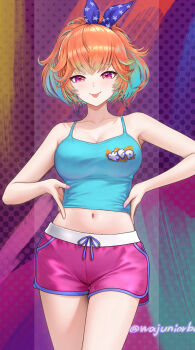 1girl :p bare_legs blue_camisole breasts camisole cleavage cowboy_shot crop_top dolphin_shorts earrings feet highres hololive hololive_english hoop_earrings jewelry legs medium_breasts midriff nail_polish navel pink_nails pink_shorts polka_dot polka_dot_background ponytail purple_eyes short_ponytail short_shorts shorts solo standing takanashi_kiara takanashi_kiara_(fever_night) thighs tongue tongue_out virtual_youtuber wajuniorbox wide_ponytail