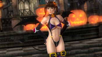 1girl 3d black_hair breasts castle dead_or_alive dead_or_alive_5 demon_girl demon_tail demon_wings fang female_focus halloween horns large_breasts lei_fang official_art solo tail tecmo wings