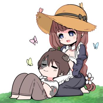 Rule 34 | 1boy, 1girl, apron, barefoot, black gloves, blue eyes, blush, brown hair, bug, butterfly, commander (last origin), daphne (last origin), dress, elflorri, closed eyes, feet, gloves, hat, bug, lap pillow, last origin, looking at viewer, smile, sun hat