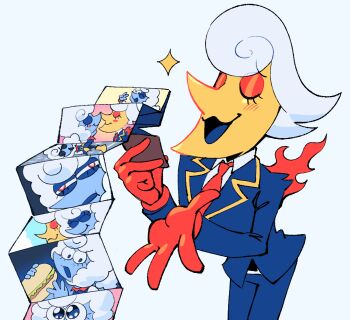 1boy 1girl blue_eyes blue_jacket blue_pants blue_tongue blush closed_eyes colored_tongue deltarune drawloverlala elnina_(deltarune) eyelashes fire food gloves holding holding_food holding_photo holding_sandwich jacket lanino_(deltarune) necktie noses_touching open_mouth pants photo_(object) red_eyes red_gloves red_necktie sandwich short_hair sparkle utdr_(toby_fox) white_background white_hair