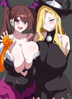 2girls ahoge animal_print bare_shoulders bat_print blonde_hair blue_eyes blush breast_press breasts brown_hair clothing_cutout cosplay darkstalkers detached_sleeves embarrassed gigantic_breasts groping_motion hat head_wings heart_cutout huge_breasts kuraido_(kuraid_draw) long_hair mole mole_on_breast mole_under_eye morrigan_aensland multiple_girls one_eye_covered open_mouth original red_eyes smile twintails wings witch witch_hat