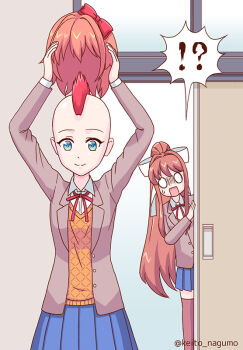 !? 2girls alternate_hairstyle blazer blue_eyes blue_skirt bow brown_hair brown_jacket closed_mouth doki_doki_literature_club doki_doki_literature_club_school_uniform hair_bow hair_ribbon holding holding_wig jacket keito_nagumo long_hair mixed-language_commentary mohawk monika_(doki_doki_literature_club) multiple_girls o_o open_clothes open_jacket open_mouth ponytail red_bow red_hair ribbon sayori_(doki_doki_literature_club) school_uniform shaved_head shirt skirt smile sweatdrop sweater_vest twitter_username unworn_wig what white_ribbon white_shirt wig
