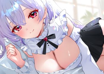 1girl black_ribbon black_skirt blush breasts cleavage cleavage_cutout closed_mouth clothing_cutout commentary_request crossed_bangs double-parted_bangs frilled_shirt frills hair_between_eyes hand_up heart iriam iridescent_clothes iridescent_hair large_breasts long_hair long_sleeves looking_at_viewer lying miniskirt neck_ribbon nitak_(iriam) nta_(n_tan2) on_side purple_hair red_eyes ribbon shirt skirt smile solo split_mouth virtual_youtuber white_shirt