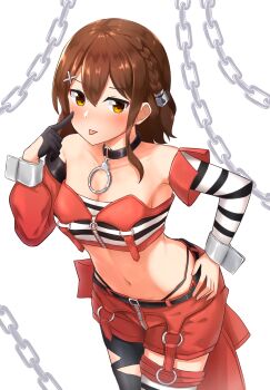 1girl akanbe belt black_gloves black_panties blush braid breasts brown_hair chain choker cleavage collarbone commentary_request crop_top detached_sleeves eyelid_pull gloves hair_between_eyes hair_ornament hairclip hand_on_own_hip highres idolmaster idolmaster_million_live! idolmaster_million_live!_theater_days index_finger_raised karua_(karua23) kasuga_mirai kasuga_mirai_(criminal_tactics) looking_at_viewer medium_breasts medium_hair midriff navel official_alternate_costume official_alternate_hairstyle panties pantyhose red_shorts shorts single_glove solo striped_clothes thigh_strap thong tongue tongue_out torn_clothes torn_pantyhose underwear white_background yellow_eyes zipper