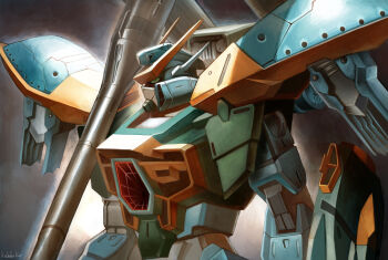 artist_name bazooka_(gundam) calamity_gundam commentary_request green_eyes gundam gundam_seed kishida_kai mecha mecha_focus mobile_suit no_humans science_fiction shield shoulder_pads standing