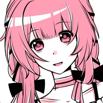 Rule 34 | 1girl, aluodesi06095, bags under eyes, blunt bangs, bow, bow choker, bowtie, bra strap, chinese commentary, choker, collarbone, commentary request, dot nose, eyes visible through hair, frilled shirt, frills, happy, infinity nikki, long hair, long sidelocks, low twintails, nikki (nikki), nikki (series), off-shoulder shirt, off shoulder, open mouth, perfect start (infinity nikki), pink bow, pink bowtie, pink choker, pink eyes, pink hair, pink pupils, shirt, sidelocks, simple background, single stripe, smile, solo, striped bow, striped bowtie, striped choker, striped clothes, tareme, twintails, upper body, white background, white shirt