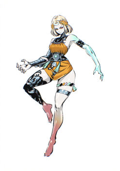 1girl bare_shoulders blonde_hair commentary dress full_body green_eyes hades_(series) hades_2 hendry_roesly heterochromia highres looking_at_viewer melinoe_(hades) orange_dress red_eyes short_hair smile solo standing standing_on_one_leg v-shaped_eyebrows