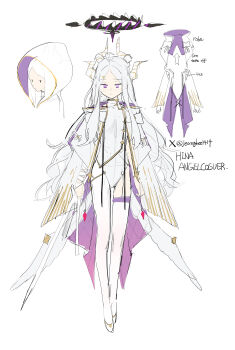 1girl ahoge alternate_costume black_halo blue_archive breasts closed_mouth demon_girl demon_horns energy_sword garter_straps halo highres hina_(blue_archive) horns leotard long_hair low_wings modare multiple_horns pantyhose parted_bangs purple_eyes purple_garter_straps purple_halo reference_sheet small_breasts solo sword weapon white_hair white_horns white_leotard white_pantyhose white_wings wings