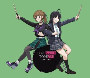 2girls ahoge artist_collaboration awa_subaru black_hair brown_eyes brown_hair drum drumsticks girls_band_cry green_background highres holding holding_drumsticks holding_staff instrument isshin_ichi looking_at_viewer mirei_(voice_actor) multiple_girls nes_q plaid_clothes plaid_skirt real_life school_uniform shirt skirt smile staff togenashi_togeari voice_actor_connection white_shirt