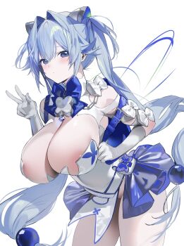 1girl aen9kec areola_slip backpack bag blue_bag blue_bow blue_bowtie blue_eyes blue_hair blue_skirt blush bow bowtie breasts cleavage closed_mouth cowboy_shot elbow_gloves gloves goddess_of_victory:_nikke gretel_(nikke) hair_between_eyes hair_flaps hair_intakes hair_ornament headgear highres large_breasts leaning_forward leotard long_hair looking_at_viewer mole mole_on_thigh pantyhose pelvic_curtain randoseru showgirl_skirt shrug_(clothing) skirt solo sphere_hair_ornament standing twintails v very_long_hair white_background white_gloves white_leotard white_pantyhose white_shrug
