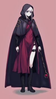 1girl arms_at_sides black_boots blue_eyes boots caffichai closed_mouth commentary commission dress english_commentary full_body highres holding holding_staff hood hood_up knee_boots long_hair long_sleeves looking_at_viewer original pale_skin pink_background red_dress shadow simple_background solo staff standing thigh_strap white_hair