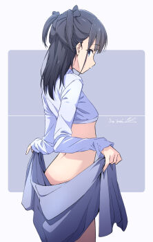 Rule 34 | 1girl, black hair, blue eyes, blue shirt, breasts, commentary request, dated, grey background, highres, long sleeves, looking at viewer, midriff, monai-chan (nii manabu), nii manabu, original, shirt, signature, small breasts, solo, standing, two-tone background, two side up