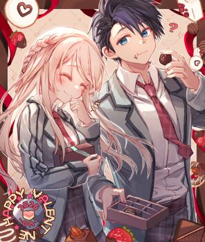 Rule 34 | 1boy, 1girl, aramis high school uniform, black hair, blonde hair, blue eyes, blue hair, box, box of chocolates, braid, chocolate, closed eyes, crown braid, dated, eating, eiyuu densetsu, elaine auclair, floating hair, food, food on face, hair slicked back, happy valentine, highres, holding, holding box, holding chocolate, holding food, jacket, kuro no kiseki (series), long hair, long sleeves, mixed-language commentary, multicolored hair, necktie, red necktie, school uniform, short hair, sidelocks, smile, two-tone hair, upper body, valentine, van arkride, willfin