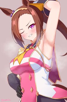 Rule 34 | 1girl, absurdres, animal ears, arm up, armpits, asymmetrical gloves, bakushin o armpit gif (meme), black gloves, blush, breasts, brown hair, epaulettes, flower in eye, gloves, gold hairband, hairband, hand on own hip, highres, horse ears, horse girl, horse tail, impossible clothes, long hair, looking at viewer, meme, n2o, neckerchief, one eye closed, parted lips, ponytail, purple eyes, sakura bakushin o (blossom in learning) (umamusume), sakura bakushin o (umamusume), shorts, sleeveless, smile, solo, sweat, symbol in eye, tail, teeth, umamusume, yellow neckerchief