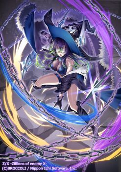 1girl bandages bandages_over_eyes bare_shoulders black_boots black_gloves black_hat black_robe blindfold blue_leotard boots breasts chain commentary_request copyright_notice covered_eyes floating_clothes from_above fur-trimmed_robe fur_trim gari_(apollonica) gloria_(z/x) gloves green_hair hat highres holding holding_chain holding_weapon large_breasts leotard light_trail multicolored_hair official_art open_mouth purple_hair robe see-through_cleavage see-through_clothes solo thigh_strap weapon witch_hat z/x