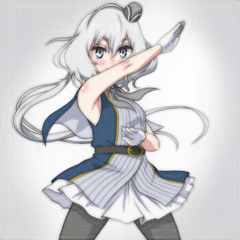 1girl ahoge belt black_belt blue_dress blush breasts dress gloves grey_background grey_eyes grey_hair grey_hat grey_neckerchief grey_pantyhose hat henshin_pose highres idol kamen_rider kamen_rider_(1st_series) kamen_rider_1 konno_junko long_hair looking_at_viewer low_twintails mini_hat neckerchief pantyhose sleeveless sleeveless_dress small_breasts smile standing t_jiroo_(ringofriend) twintails white_gloves zombie_land_saga