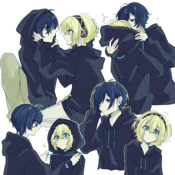 1boy 1girl ? ahoge aigis_(persona) alternate_costume android aqua_eyes between_legs black_hoodie blonde_hair blue_eyes blue_hair closed_mouth copyright_logo crossed_bangs dot_mouth dot_nose eyes_visible_through_hair gold_hairband hair_over_one_eye hairband hand_between_legs hand_in_another&#039;s_hair hand_on_another&#039;s_head hand_on_own_ear hands_on_another&#039;s_head head_tilt hetero highres hood hood_up hoodie kiss knee_up light_frown logo long_sleeves looking_at_another looking_to_the_side matching_outfits multiple_views pants persona persona_3 persona_3_reload robot_ears sakizome short_hair simple_background sitting upper_body white_background white_pants yellow_pants yuuki_makoto_(persona_3)
