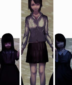 3girls black_hair character_request closed_mouth dress evil_smile fatal_frame fatal_frame:_mask_of_the_lunar_eclipse gauss_&lt;bokashi haibara_ayako highres holding_hands knees lips long_hair looking_at_viewer multiple_girls purple_dress ribbon smile tsukimori_madoka yellow_eyes