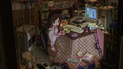 1girl anbiyori animal_ears animated blinking book bookshelf brown_hair chopsticks computer computer_keyboard cup drawer drawstring eating food fruit grey_eyes hands_up holding holding_food holding_fruit hood hoodie indoors kotatsu long_sleeves looking_at_object looping_animation medium_hair mouse_ears mug orange_(fruit) original pants parted_bangs sitting slice_of_life solo stuffed_animal stuffed_toy table tagme teddy_bear tissue video watching white_hoodie white_pants