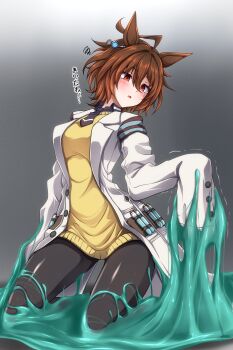 1girl agnes_tachyon_(tach-nology)_(umamusume) agnes_tachyon_(umamusume) ahoge animal_ears black_necktie black_pantyhose breasts brown_hair chemical_structure coat g_(genesis1556) glue_trap hair_between_eyes highres horse_ears horse_girl huge_ahoge lab_coat long_sleeves medium_hair necktie pantyhose red_eyes restrained short_hair short_necktie sleeves_past_fingers sleeves_past_wrists slime_(substance) solo sticky sticky_restraint stuck sweater sweater_vest test_tube umamusume white_coat wolf_cut yellow_sweater yellow_sweater_vest