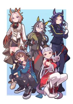 5girls ahoge animal_ears arms_behind_back ascot beanie belt black_ascot black_belt black_coat black_gloves black_hair black_hat black_jacket black_pants black_shoes black_skirt blonde_hair blue_background blue_eyes blunt_bangs boots border bow bowtie brown_hair candy coat dice dice_necklace double_v dream_journey_(umamusume) dress ear_bow ear_covers ears_through_headwear eyewear_strap fenomeno_(umamusume) fingerless_gloves flipped_hair food glasses gloves gold_ship_(umamusume) grey_hair grey_hat hair_between_eyes hair_intakes hand_on_own_hip hat high_heel_boots high_heels highres holding holding_candy holding_food holding_lollipop horse_ears horse_girl horse_tail jacket jewelry lace lace_sleeves lollipop long_coat long_hair long_sleeves looking_at_viewer multicolored_hair multiple_girls nakayama_festa_(umamusume) necklace orange_hair orfevre_(umamusume) pants pantyhose peaked_cap pillbox_hat purple_bow purple_eyes purple_hair red_bow red_bowtie red_dress red_shirt shirt shoes simple_background single_ear_cover skirt sleeveless sleeveless_dress sneakers standing stay_gold_clan_(umamusume) striped_clothes striped_hat striped_shirt tail twitter_username two-tone_hair umamusume v white_border white_gloves white_hair white_jacket white_pantyhose yada_kamo